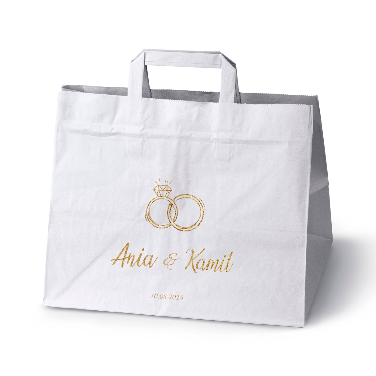 Torebki weselne 320x220x245mm Białe ze złotym nadrukiem Obrączki IMIONA+DATA 50szt.