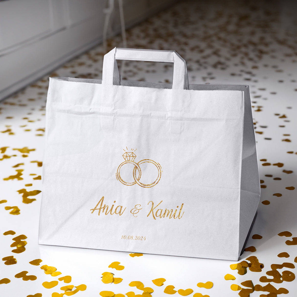 Torebki weselne 320x220x245mm Białe ze złotym nadrukiem Obrączki IMIONA+DATA 50szt.