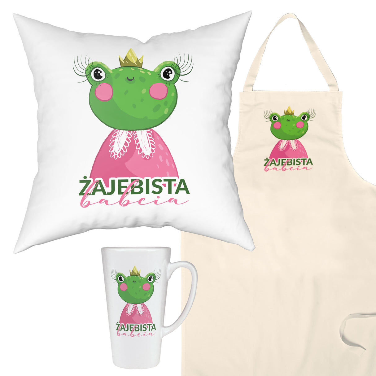 Zestaw Fartuch,Kubek,Poduszka Żajebista Babcia Prezent na Dzień Babci