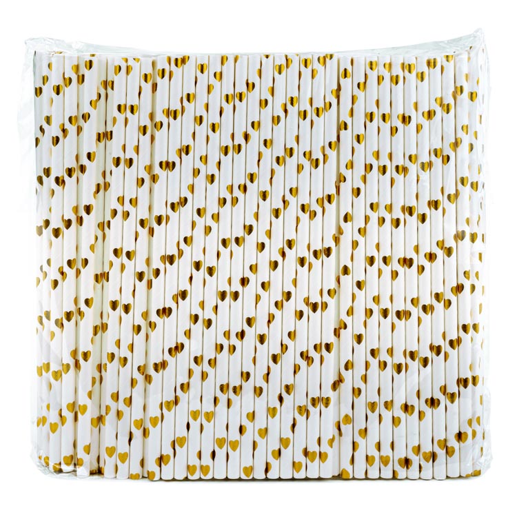 Słomki papierowe BŁYSZCZĄCE SERCA ZŁOTE 20cm ekologiczne 250szt