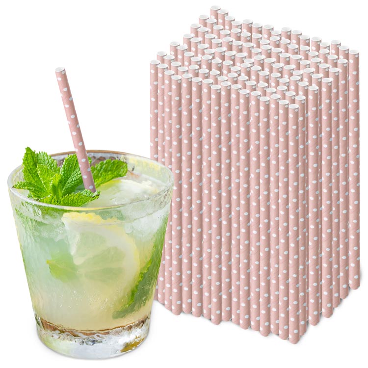 Słomki papierowe PUDROWY RÓŻ KROPKI 20cm ekologiczne 250szt