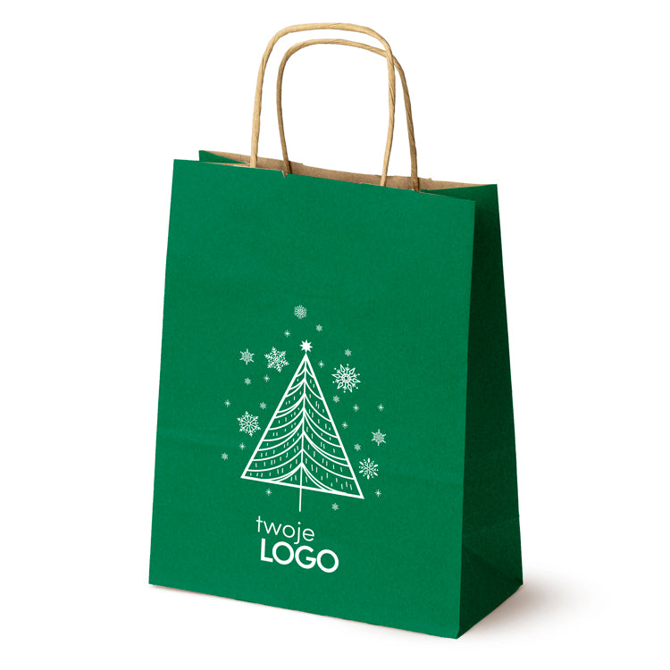 Torba papierowa świąteczna z logo 180 × 80 × 225 mm zielona, wzór SW-01