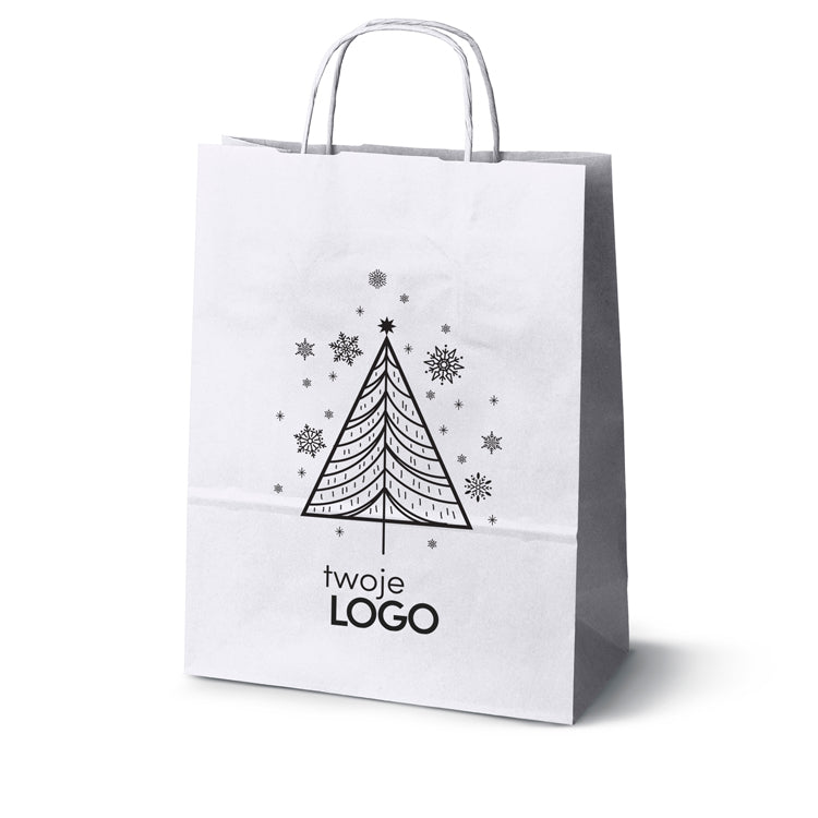 Torba papierowa świąteczna z logo 240 × 100 × 320 mm biała, wzór SW-01
