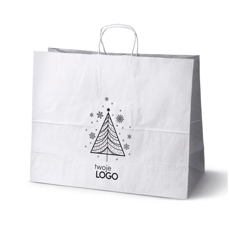 Torba papierowa świąteczna z logo 500 × 180 × 390 mm biała, wzór SW-01