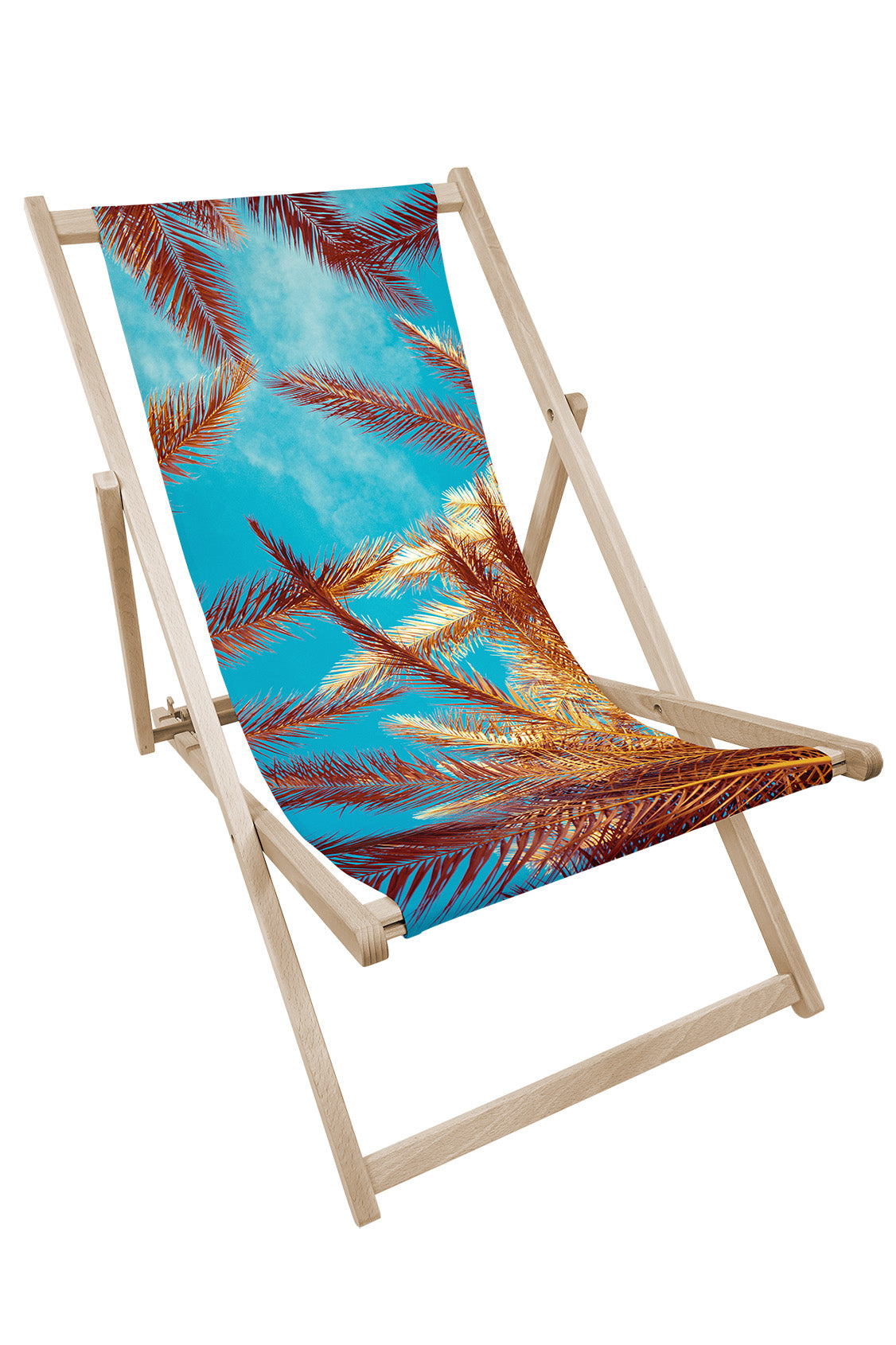 Leżak drewniany z nadrukiem BRĄZOWE LIŚCIE PALM NA TLE NIEBA