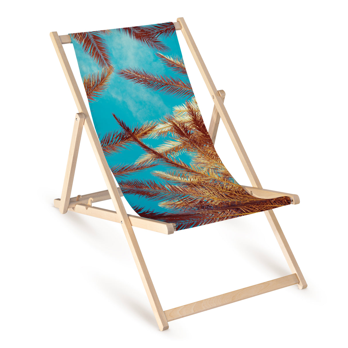 Leżak drewniany z nadrukiem BRĄZOWE LIŚCIE PALM NA TLE NIEBA