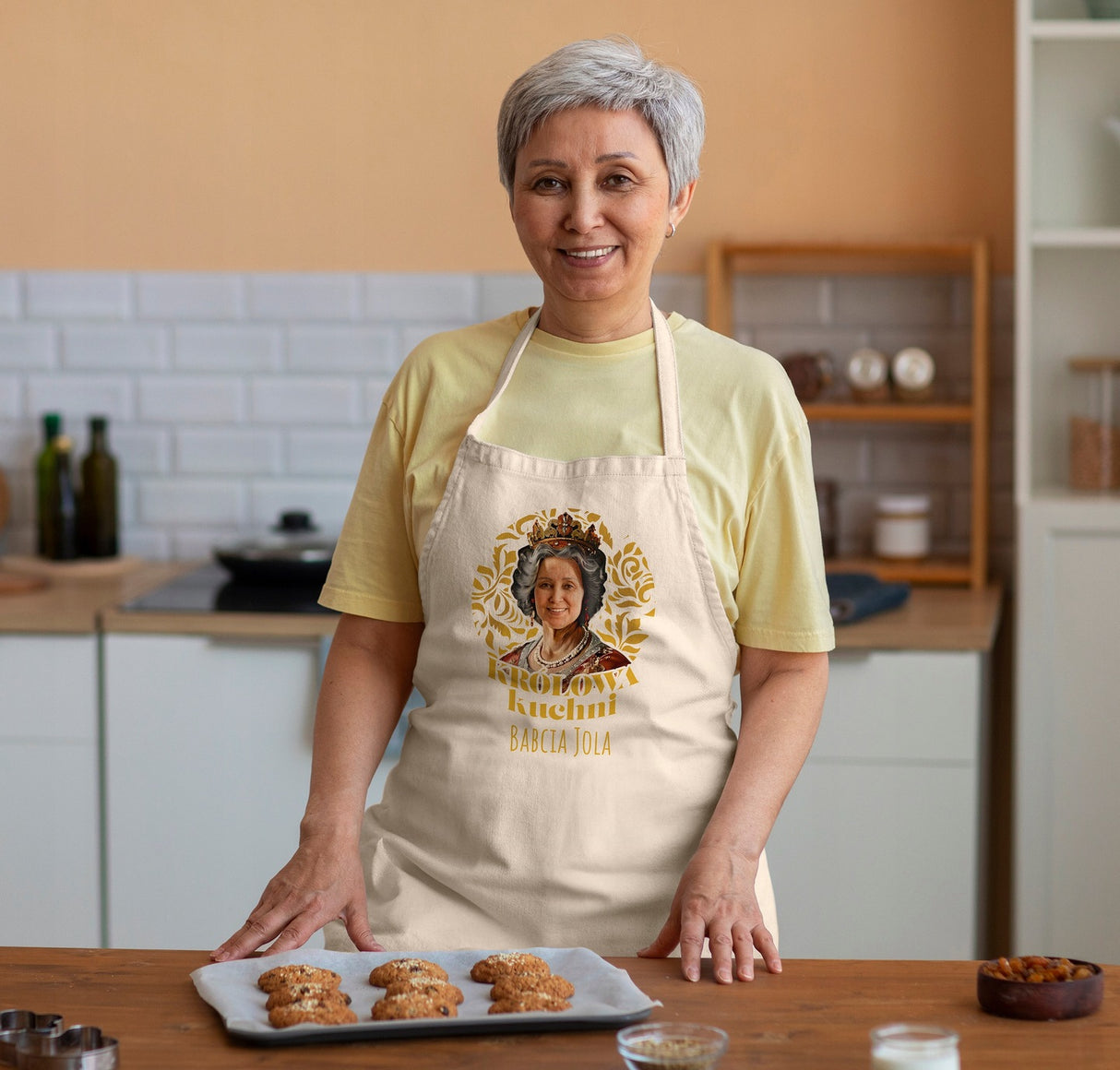 Fartuch Kuchenny Prezent na Dzień Babci Karykatura Królowa Bawełniany Ecru