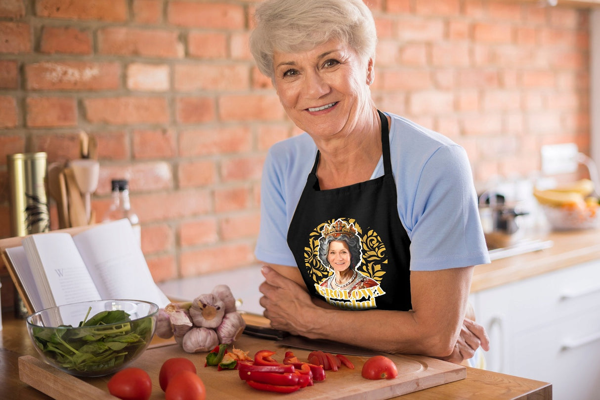 Fartuch Kuchenny Prezent na Dzień Babci Karykatura Królowa Bawełniany Czarny