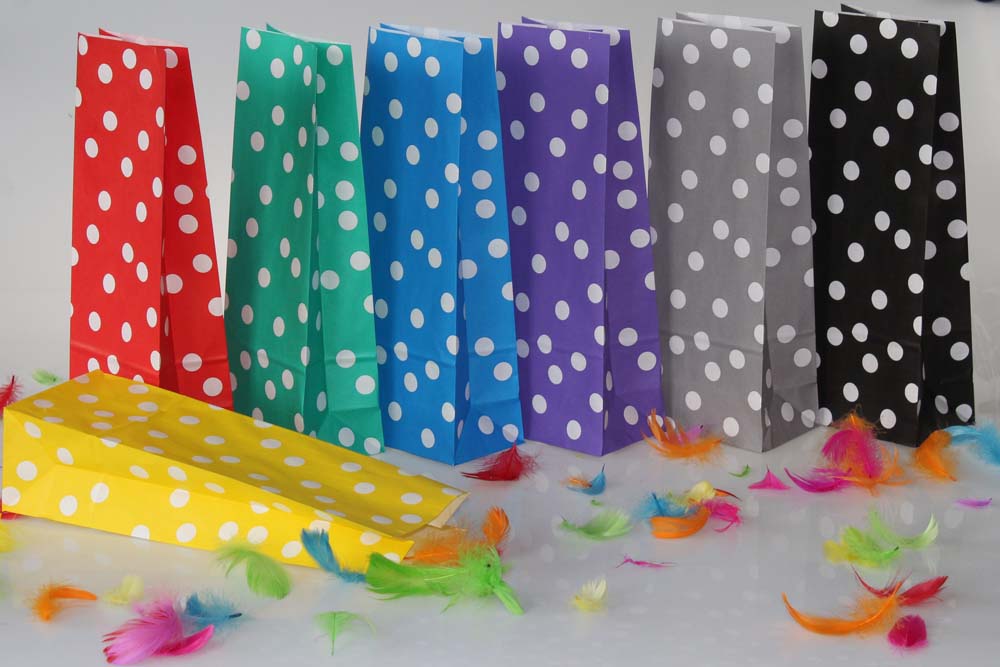 Torba papierowa klockowa 100x70x280 w groszki + naklejki Happy Birthday 6 szt.