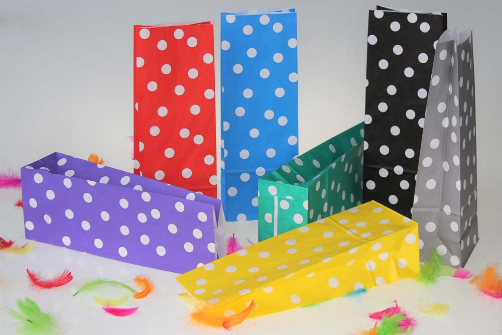 Torba papierowa klockowa 100x70x280mm w groszki + kolorowe naklejki Hug Kiss Love