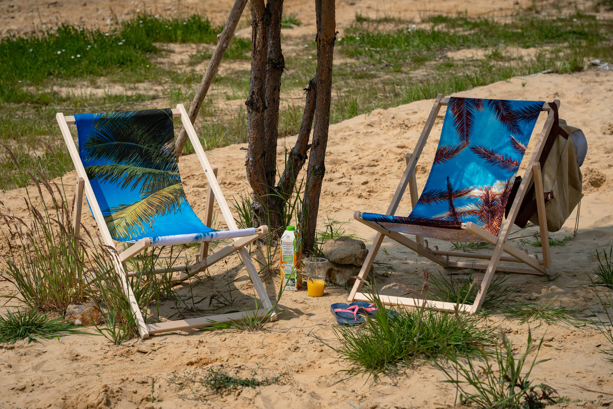 Leżak drewniany z nadrukiem PALMA NA PLAŻY LIŚCIE