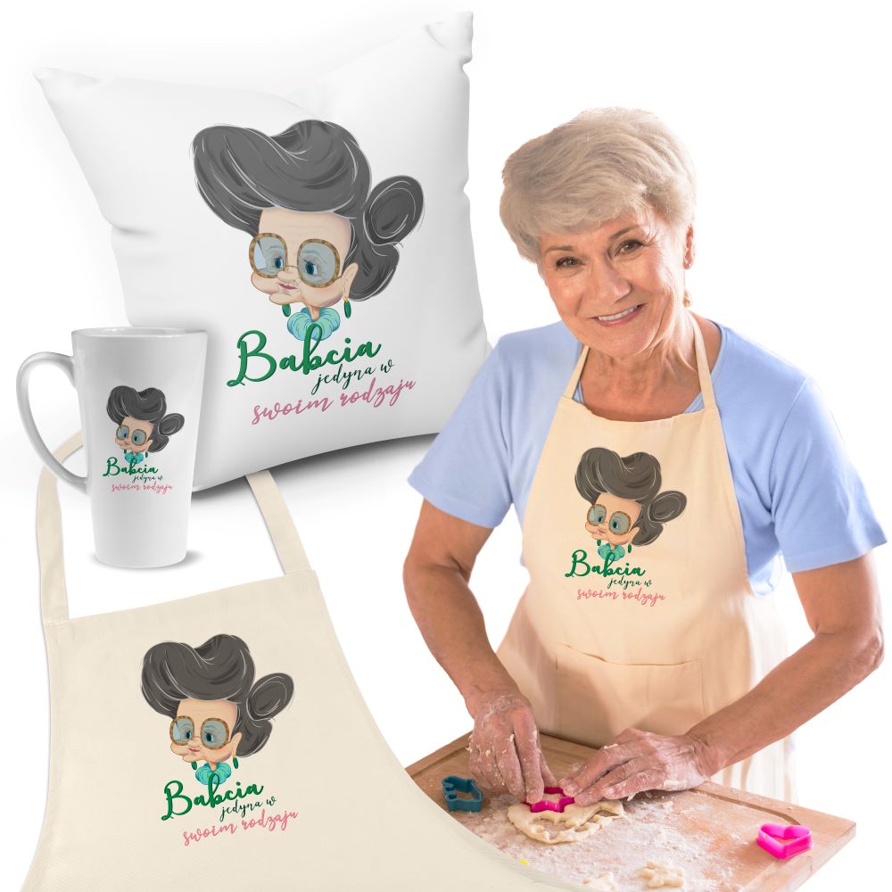 Zestaw Fartuch,Kubek,Poduszka Babcia Jedyna w swoim Rodzaju Prezent na Dzień Babci