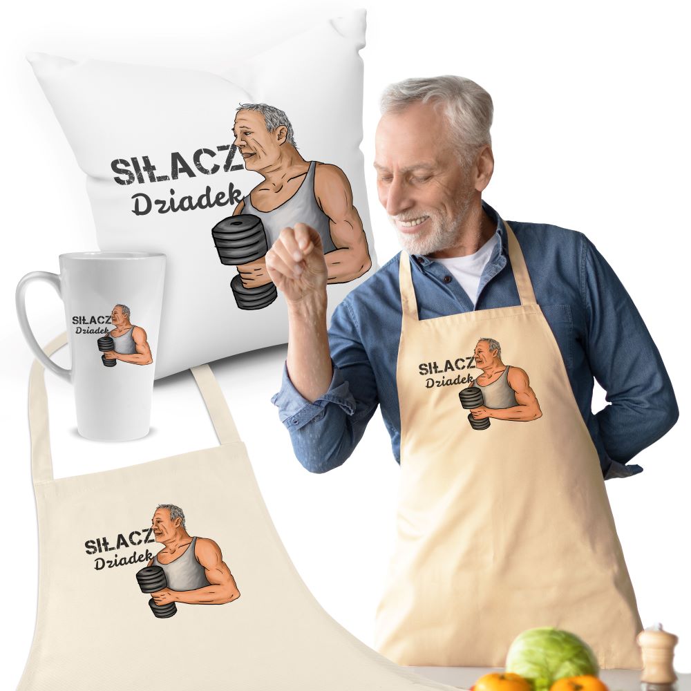 Zestaw Fartuch,Kubek,Poduszka Dziadek Siłacz Prezent na Dzień Dziadka