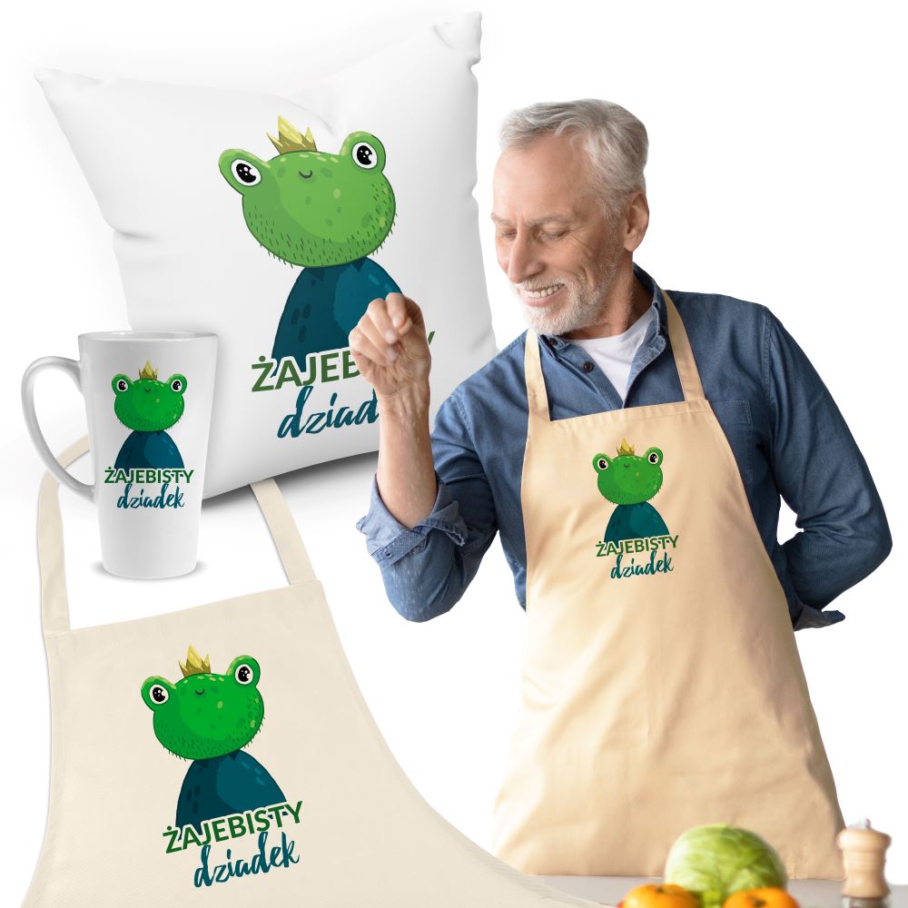 Zestaw Fartuch,Kubek,Poduszka Żajebisty Dziadek Prezent na Dzień Dziadka