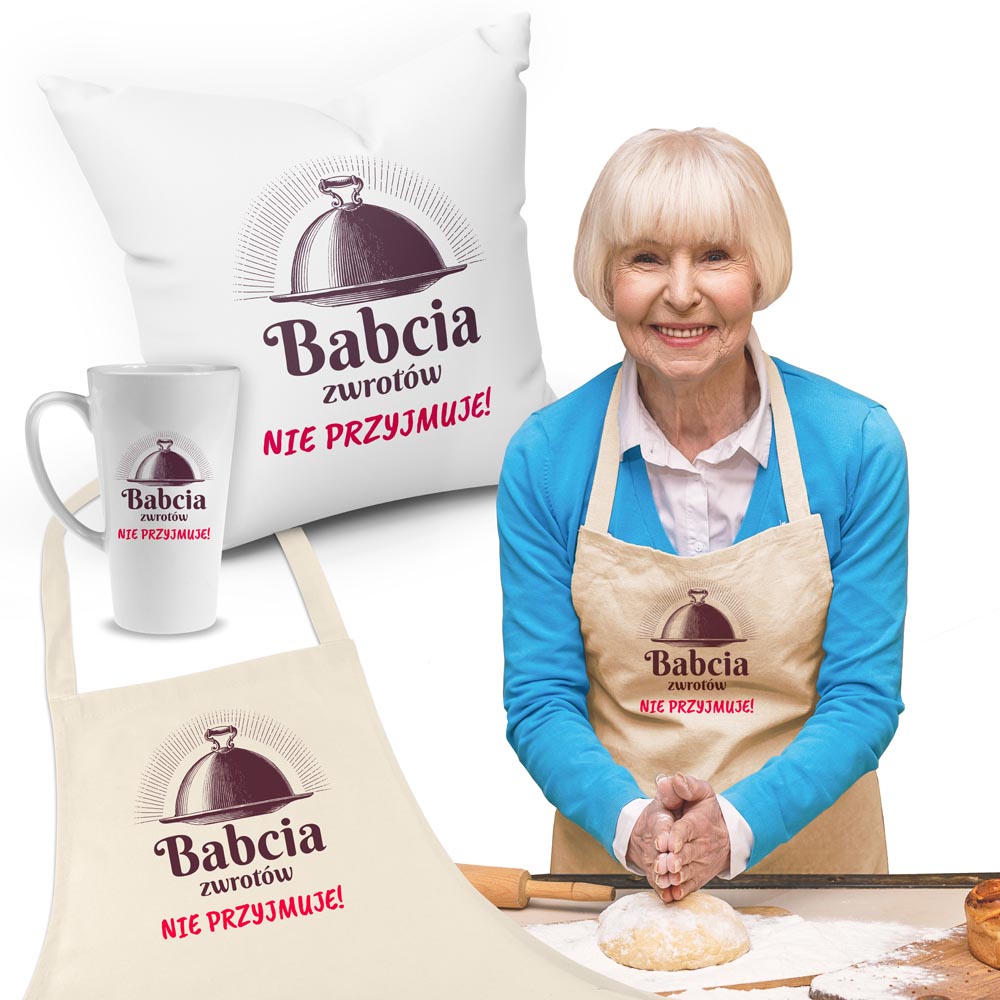 Zestaw Fartuch,Kubek,Poduszka Babcia Zwrotów nie przyjmuje Prezent na Dzień Babci