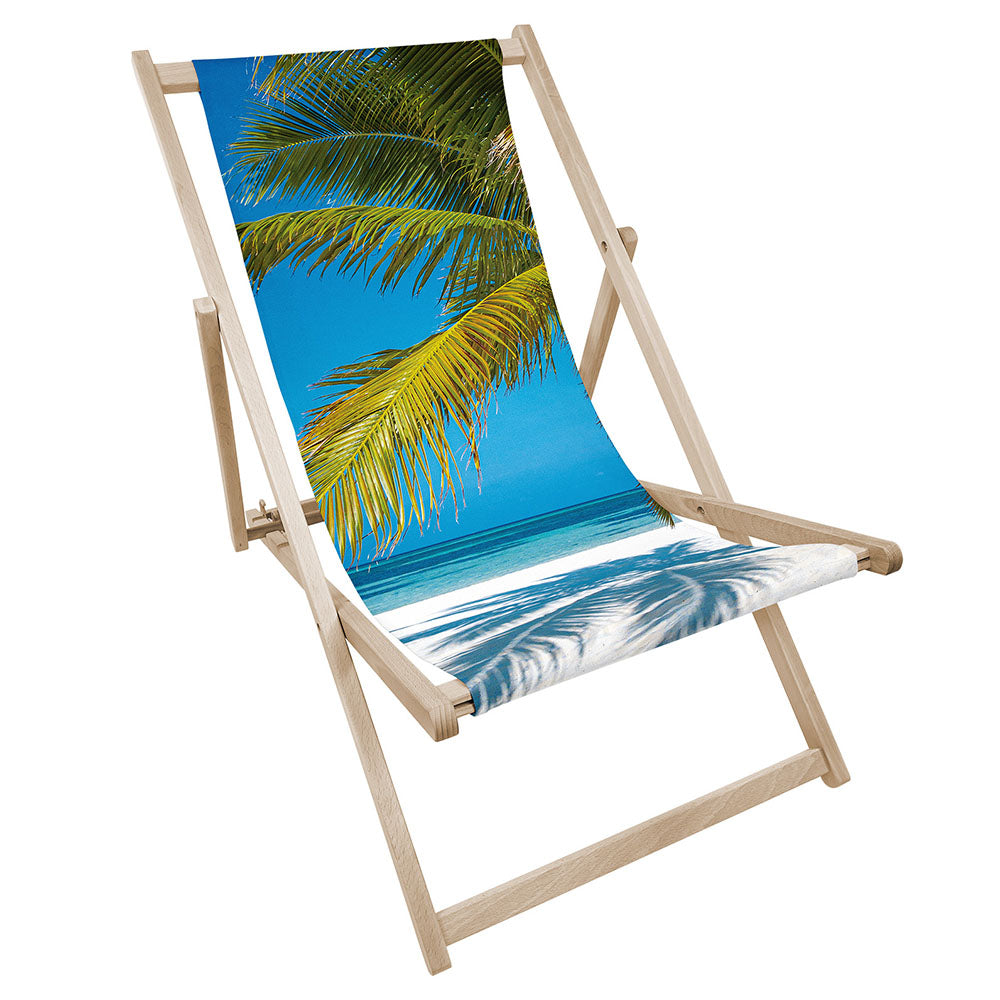 Leżak drewniany z nadrukiem PALMA NA PLAŻY LIŚCIE