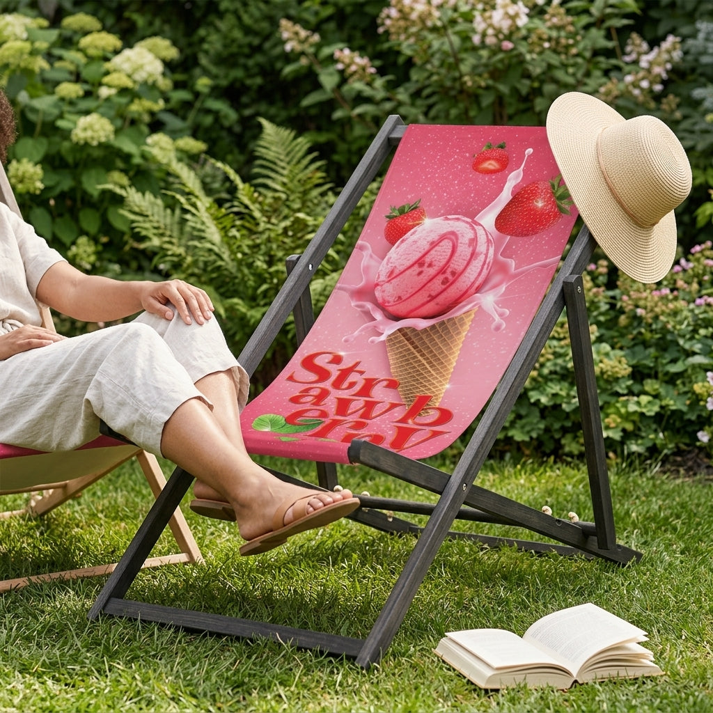 Leżak drewniany STRAWBERRY ICE CREAM - Czarny Stelaż