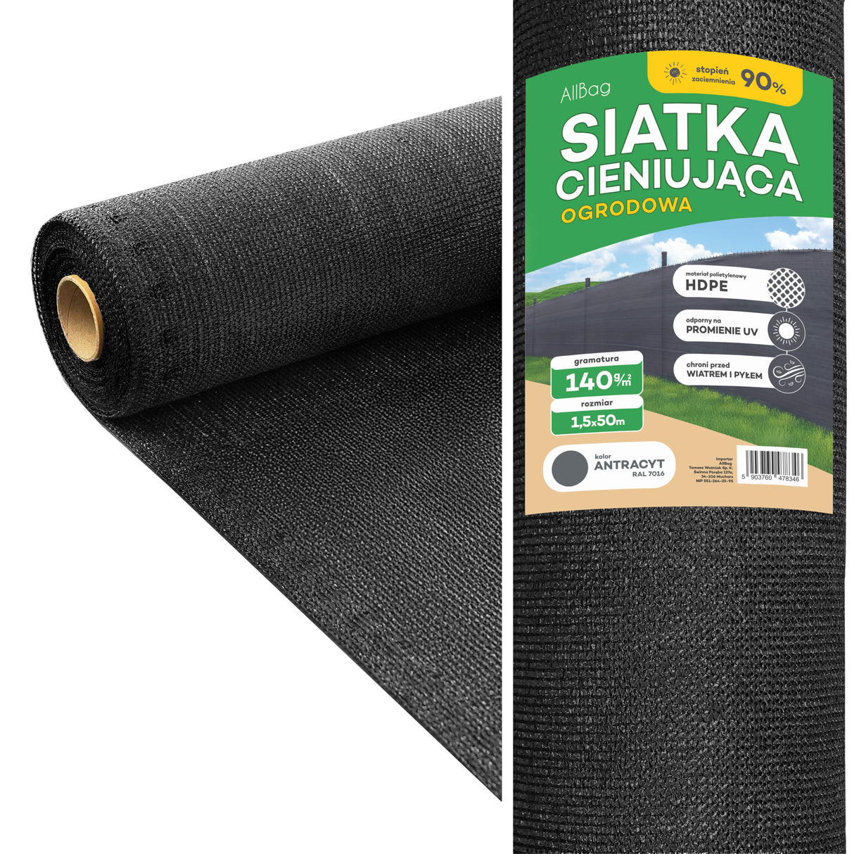 Szara siatka maskująca na ogrodzenie 50 m UV 140 g