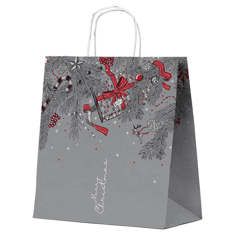 Torba papierowa świąteczna 32x16x38cm Merry Christmas Szara