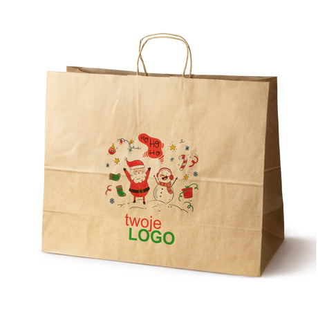 Torba papierowa świąteczne Brązowa 50szt. 500x180x390mm +LOGO (22 kolorowe wzory) RO-10