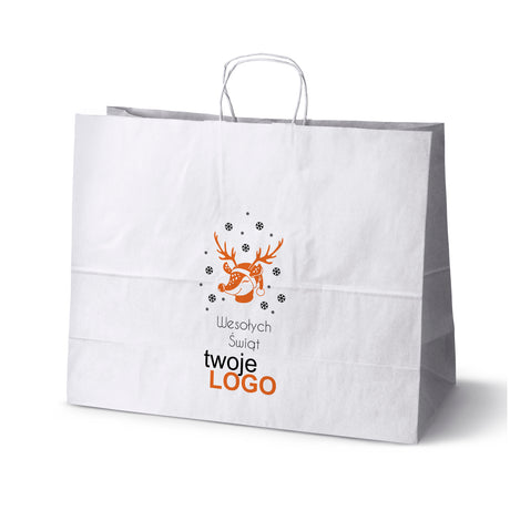 Torba papierowa świąteczne Biała 50szt. 500x180x390mm +LOGO (22 kolorowe wzory) RO-11