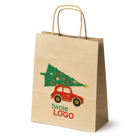 Torba papierowa świąteczne Brązowa 50szt. 180x80x225mm +LOGO (22 kolorowe wzory) RO-12