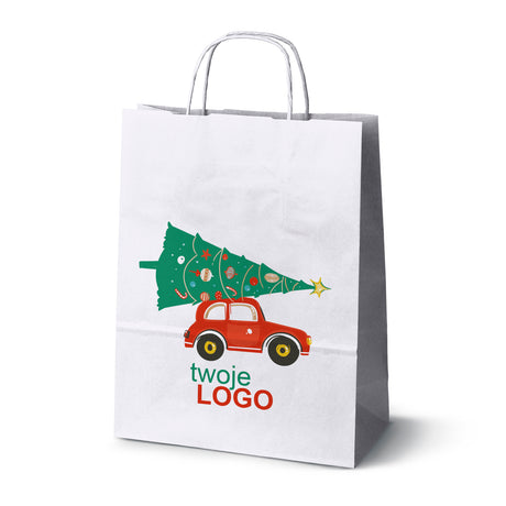 Torba papierowa świąteczne Biała 50szt. 240x100x320mm +LOGO (22 kolorowe wzory) RO-12