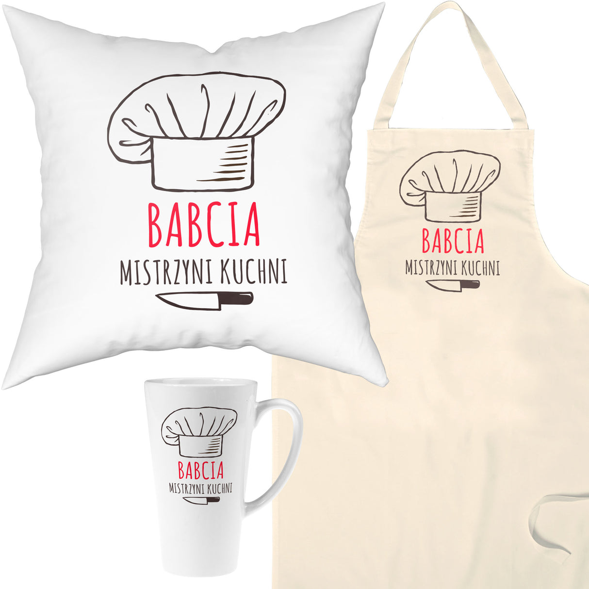 Zestaw Fartuch,Kubek,Poduszka Babcia Mistrzyni Kuchni Prezent na Dzień Babci
