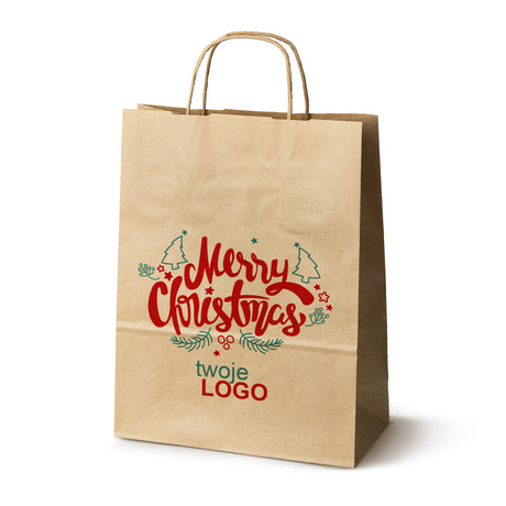 Torba papierowa świąteczne Brązowa 50szt. 240x100x320mm +LOGO (22 kolorowe wzory) RO-14