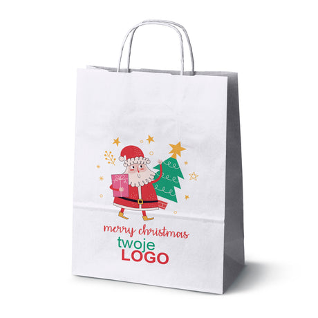 Torba papierowa świąteczne Biała 50szt. 240x100x320mm +LOGO (22 kolorowe wzory) RO-15