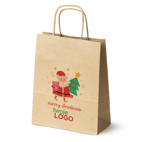 Torba papierowa świąteczne Brązowa 50szt. 180x80x225mm +LOGO (22 kolorowe wzory) RO-15