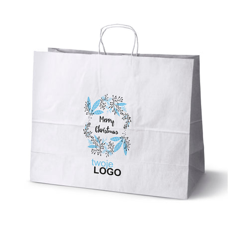 Torba papierowa świąteczne Biała 50szt. 500x180x390mm +LOGO (22 kolorowe wzory) RO-16