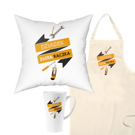 Zestaw Fartuch,Kubek,Poduszka Złota Rączka Prezent na Dzień Dziadka