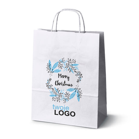 Torba papierowa świąteczne Biała 50szt. 240x100x320mm +LOGO (22 kolorowe wzory) RO-16