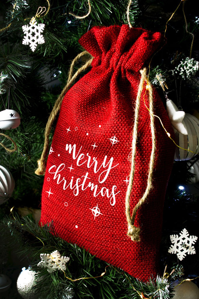 Worek na prezenty jutowy czerwony 30x42cm MERRY CHRISTMAS