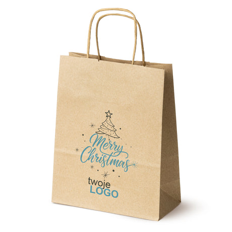 Torba papierowa świąteczne Brązowa 50szt. 180x80x225mm +LOGO (22 kolorowe wzory) RO-19