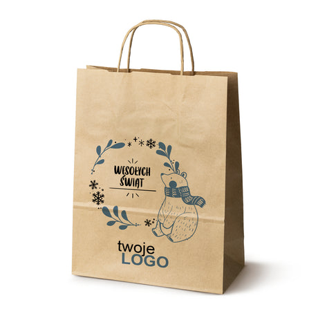 Torba papierowa świąteczne Brązowa 50szt. 240x100x320mm +LOGO (22 kolorowe wzory) RO-21