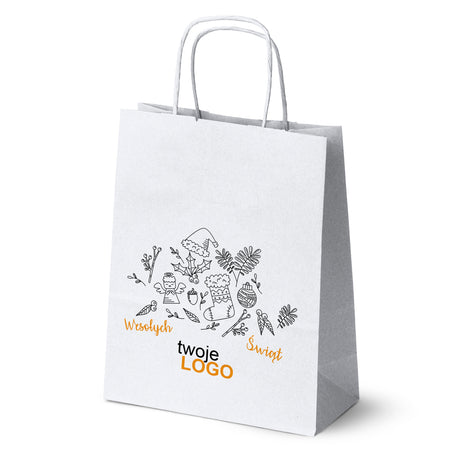 Torba papierowa świąteczne Biała 50szt. 180x80x225mm +LOGO (22 kolorowe wzory) RO-22