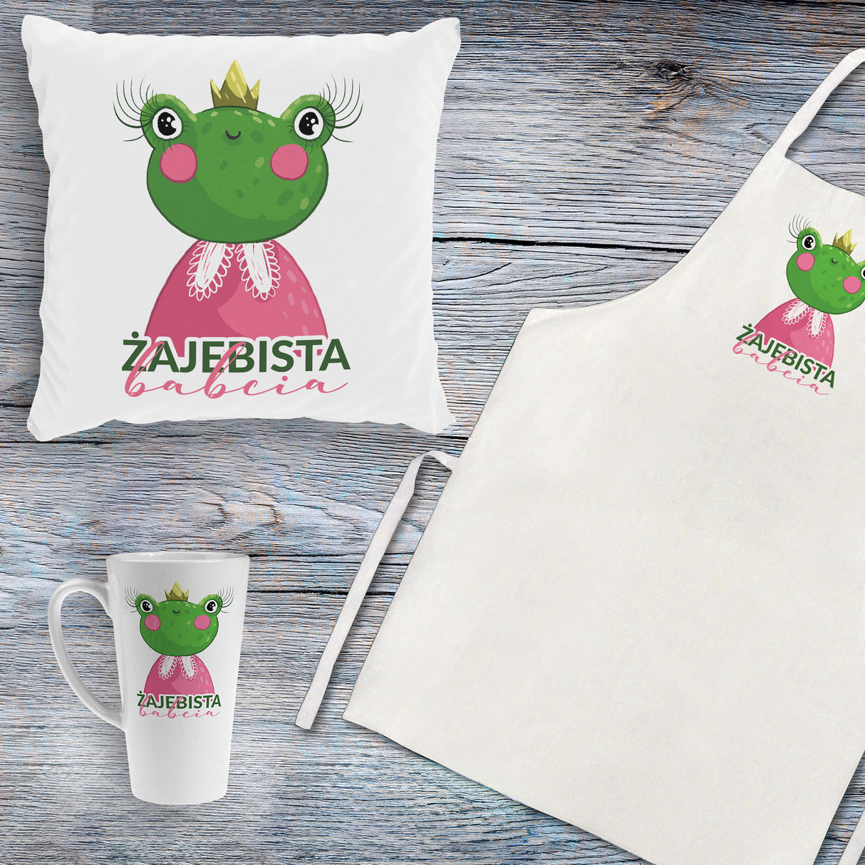 Zestaw Fartuch,Kubek,Poduszka Żajebista Babcia Prezent na Dzień Babci