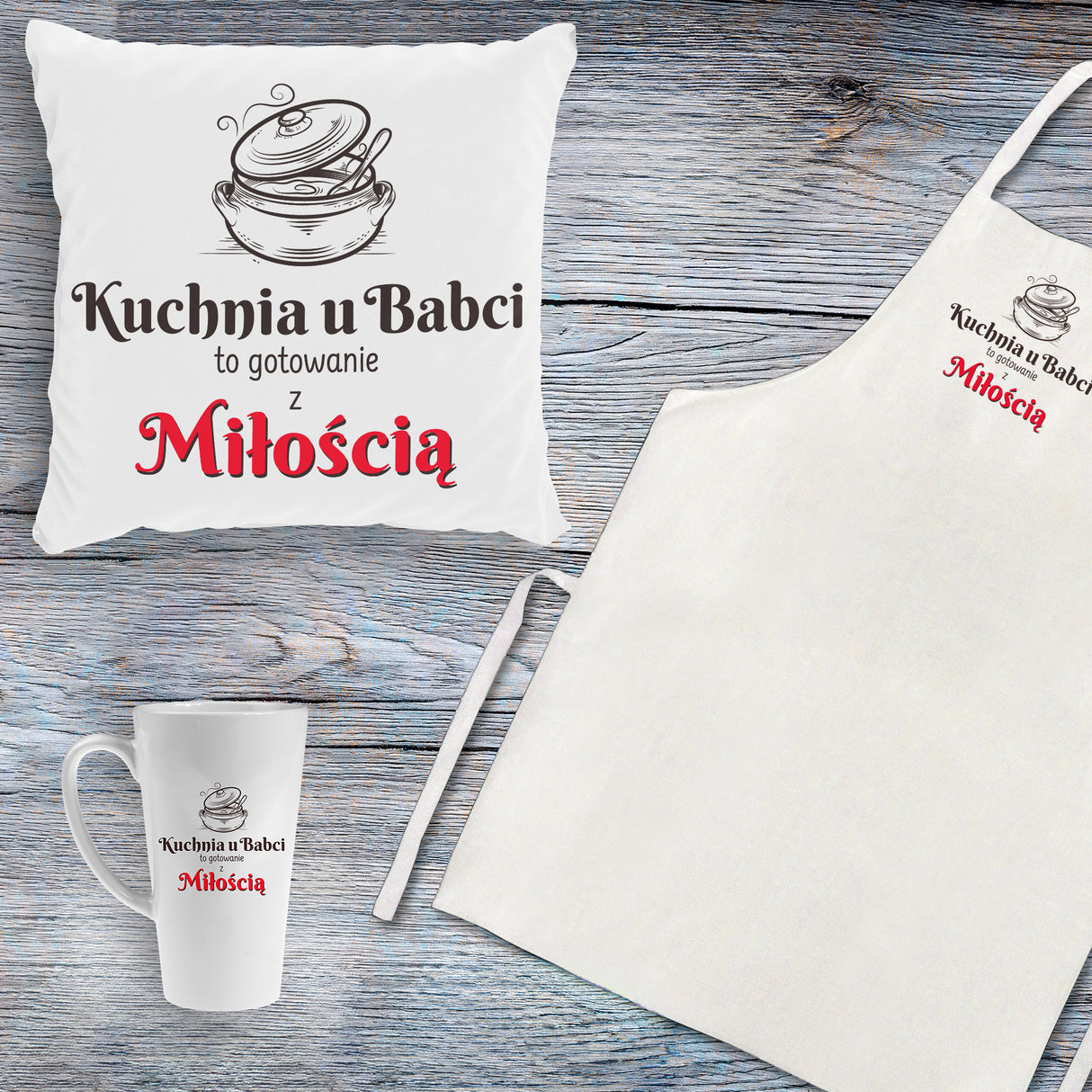 Zestaw Fartuch,Kubek,Poduszka Kuchnia u Babci Prezent na Dzień Babci