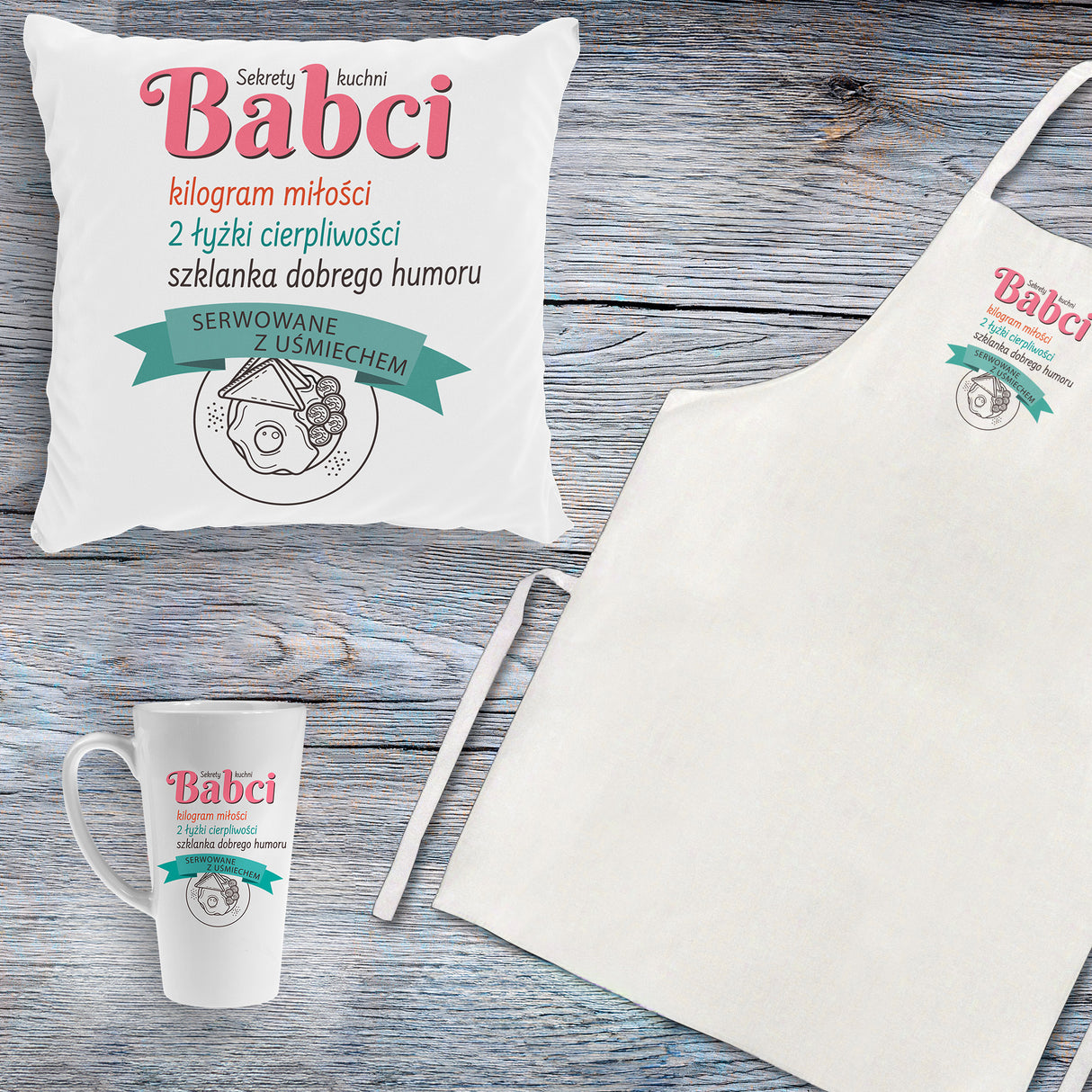 Zestaw Fartuch,Kubek,Poduszka Sekrety Kuchni Babci Prezent na Dzień Babci