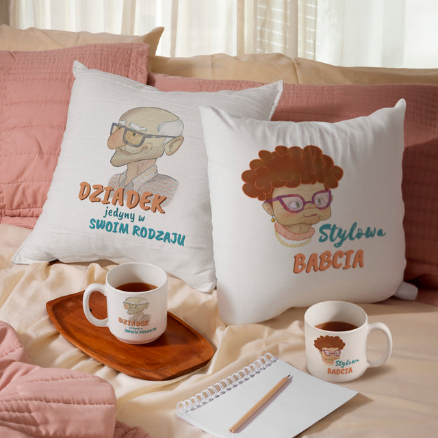 Zestaw Poduszka Kubek Dziadek Jedyny w swoim Rodzaju i Stylowa Babcia Prezent na Dzień Babci i Dziadka