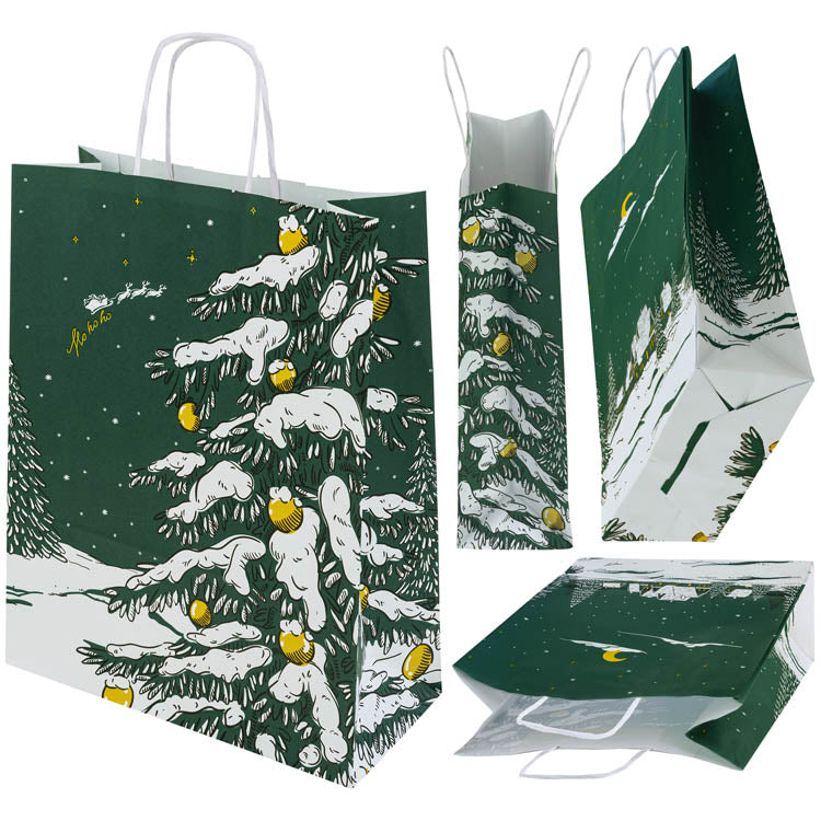 Torba papierowa świąteczna 24x10x32cm Zielona Choinka
