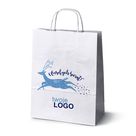 Torba papierowa świąteczne Biała 50szt. 240x100x320mm +LOGO (22 kolorowe wzory) RO-05