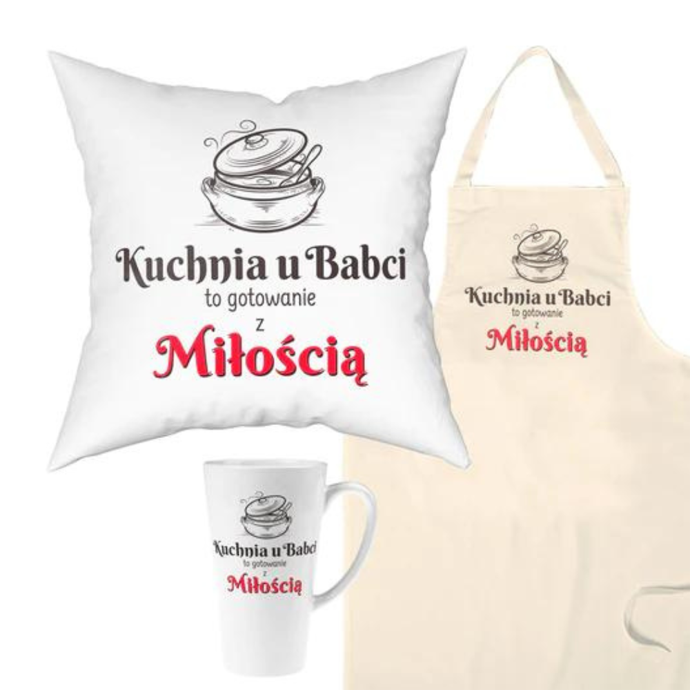 Zestaw Fartuch,Kubek,Poduszka Kuchnia u Babci Prezent na Dzień Babci