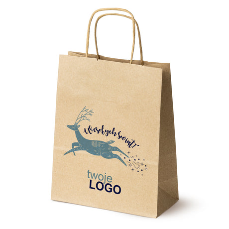 Torba papierowa świąteczne Brązowa 50szt. 180x80x225mm +LOGO (22 kolorowe wzory) RO-05