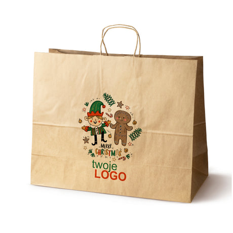 Torba papierowa świąteczne Brązowa 50szt. 500x180x390mm +LOGO (22 kolorowe wzory) RO-06