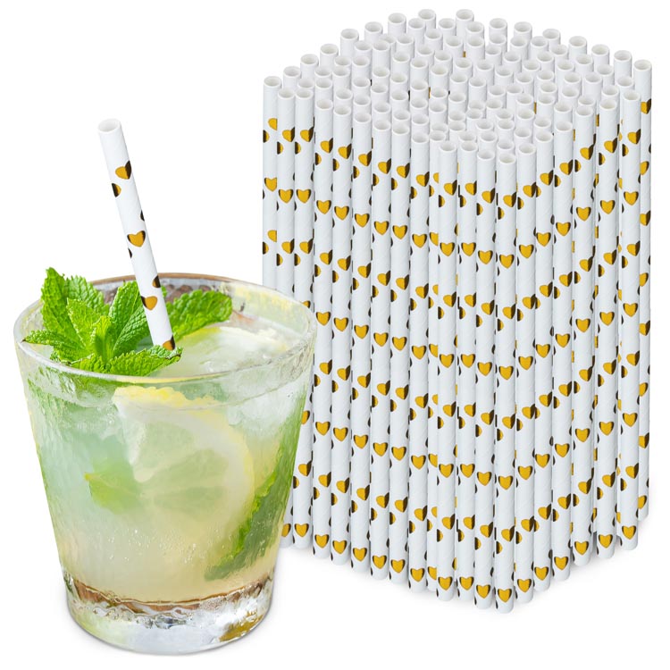 Słomki papierowe BŁYSZCZĄCE SERCA ZŁOTE 20cm ekologiczne 250szt