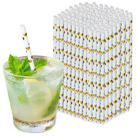 Słomki papierowe BŁYSZCZĄCE SERCA ZŁOTE 20cm ekologiczne 250szt