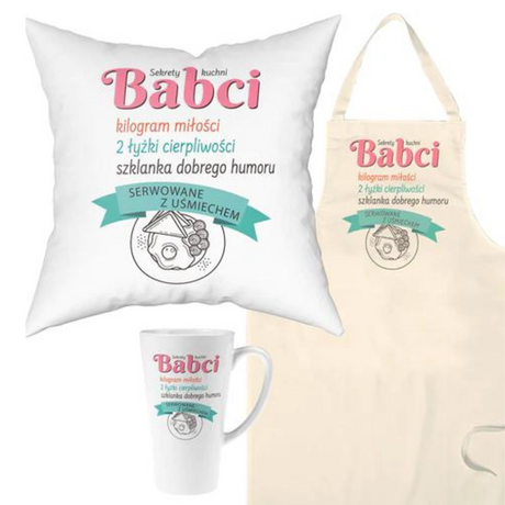 Zestaw Fartuch,Kubek,Poduszka Sekrety Kuchni Babci Prezent na Dzień Babci